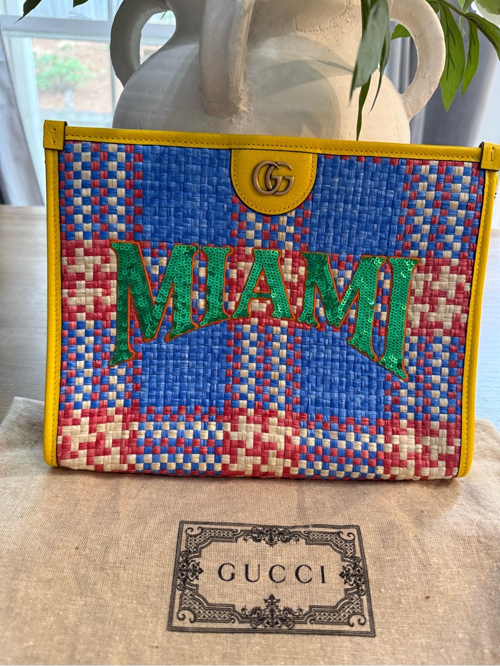 Gucci Multicolor Woven 'MIAMI' Pouch with Yellow Trim